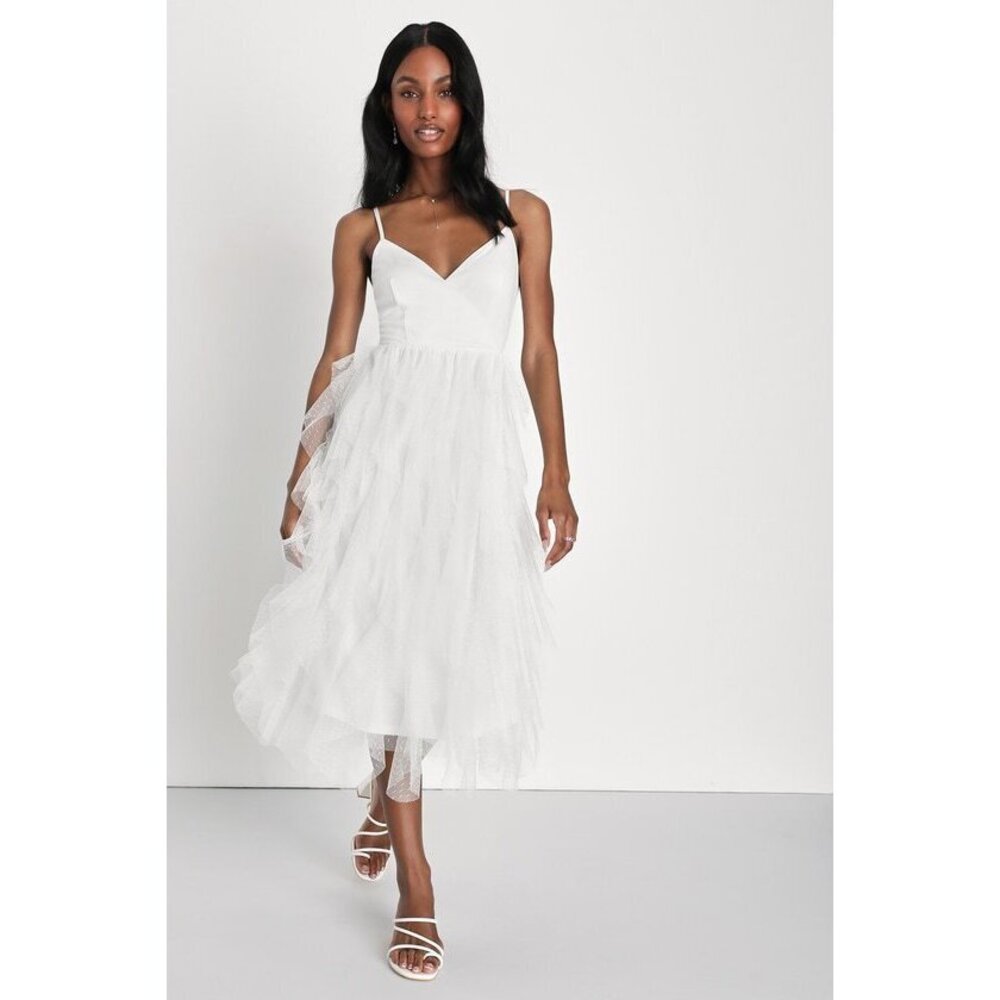 Lulus Breathtaking Essence White Swiss Dot Mesh Ruffled Midi Dress - Size XS
